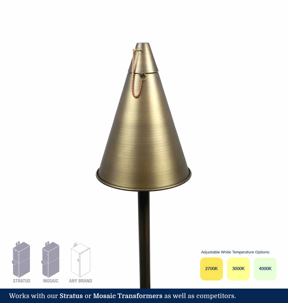 Landscape Lighting Brass Tiki Light, 6 Watt, 2700k, 3000k, 4000k Selectable.