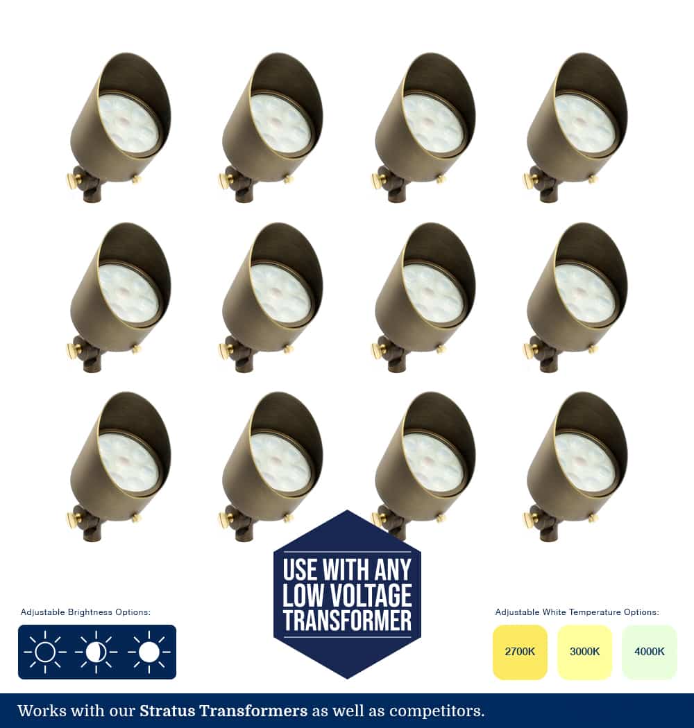 Brass LED Landscape Lighting Kit - 12 LED Fixtures - 2700k, 3000k, 4000k