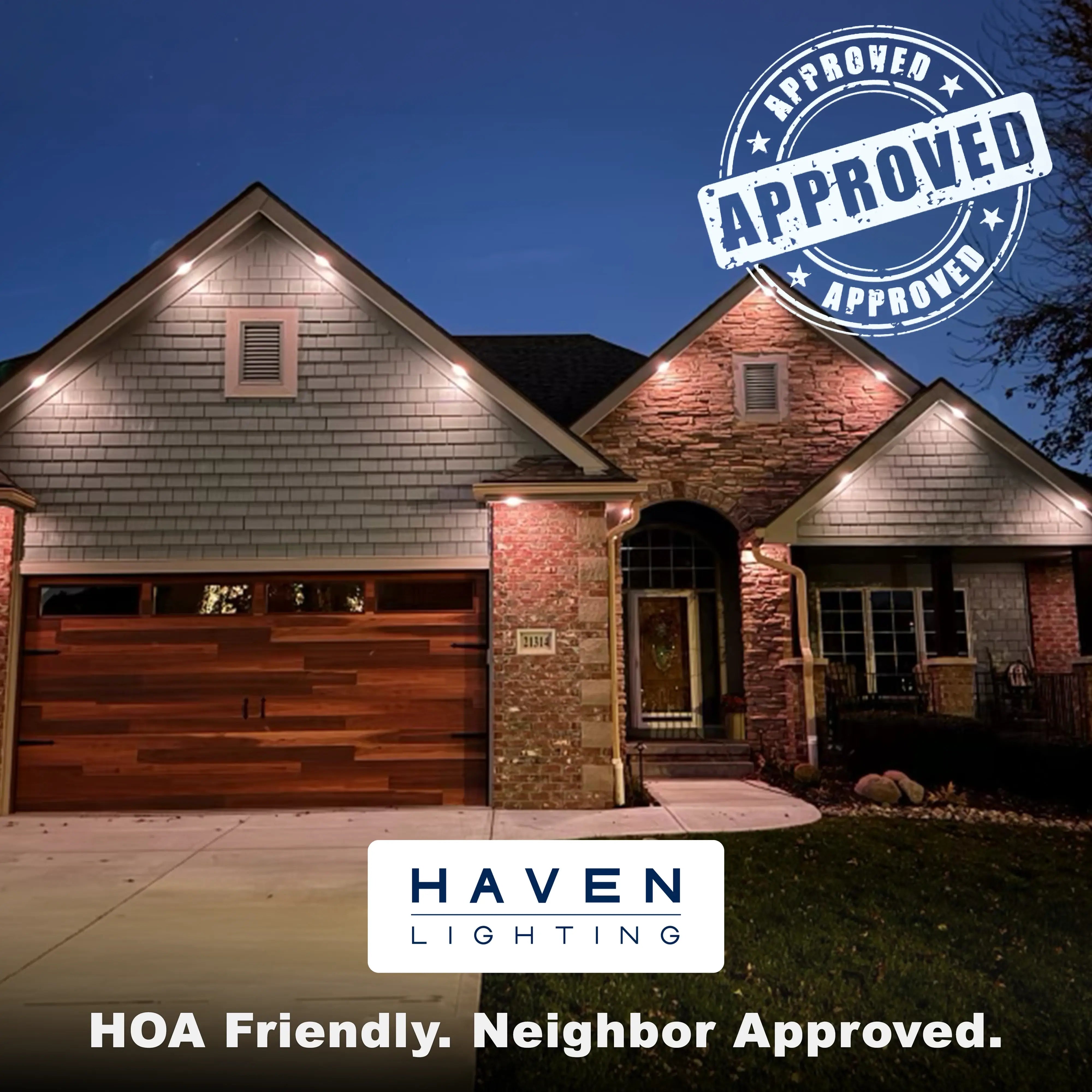 House with Haven Lighting fixtures, featuring the Haven Lighting logo and text.