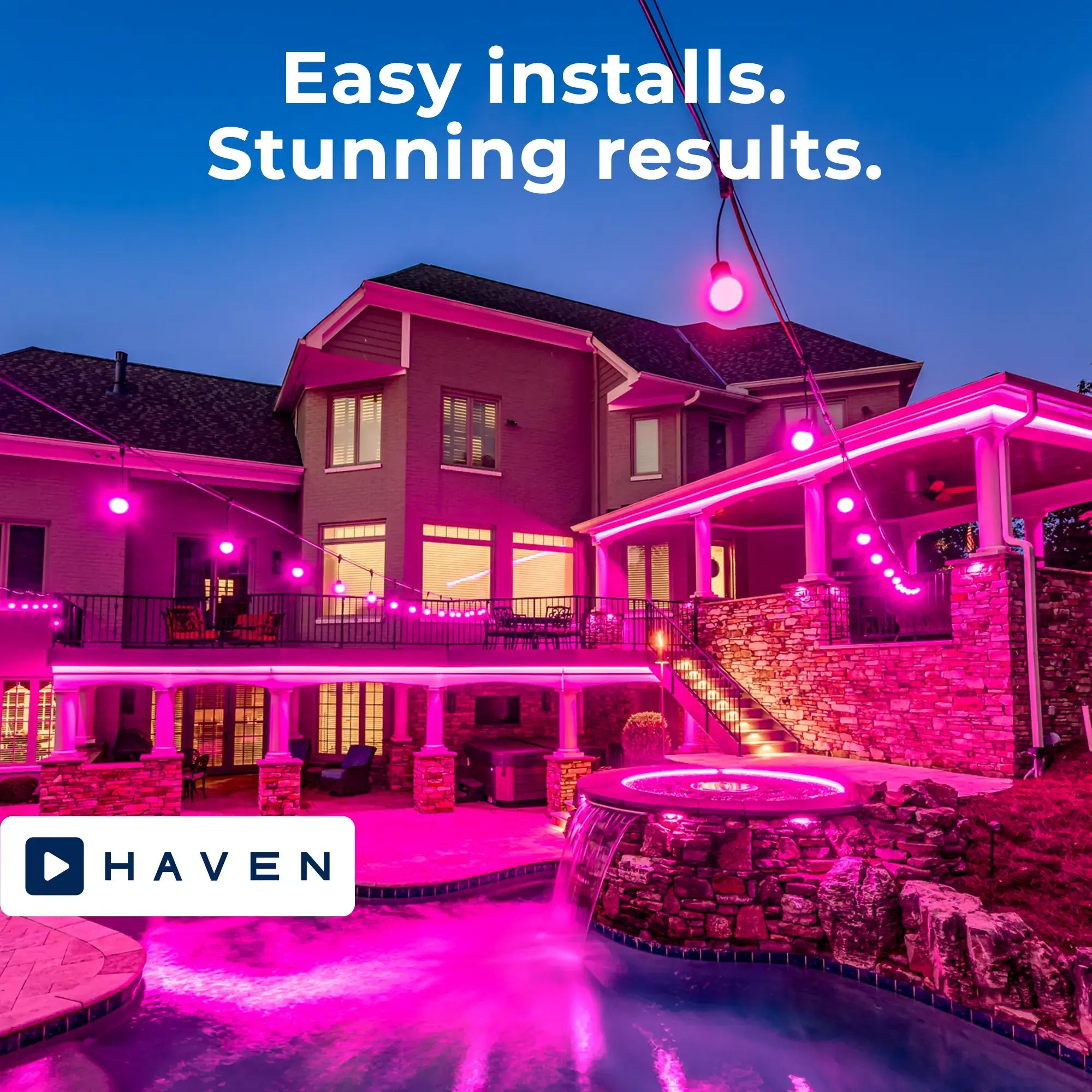 Backyard with Pool lit in Pink Haven Lighting