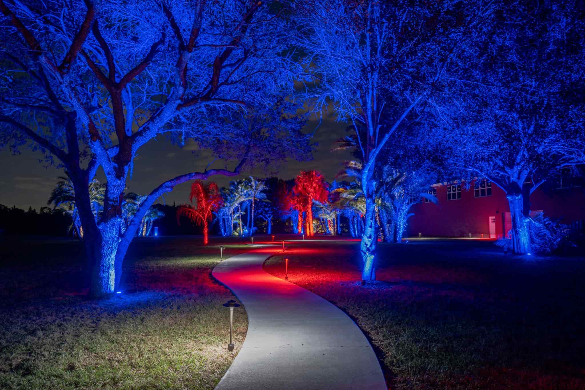 Scenic garden pathway illuminated with vibrant blue and red landscape lighting at night.