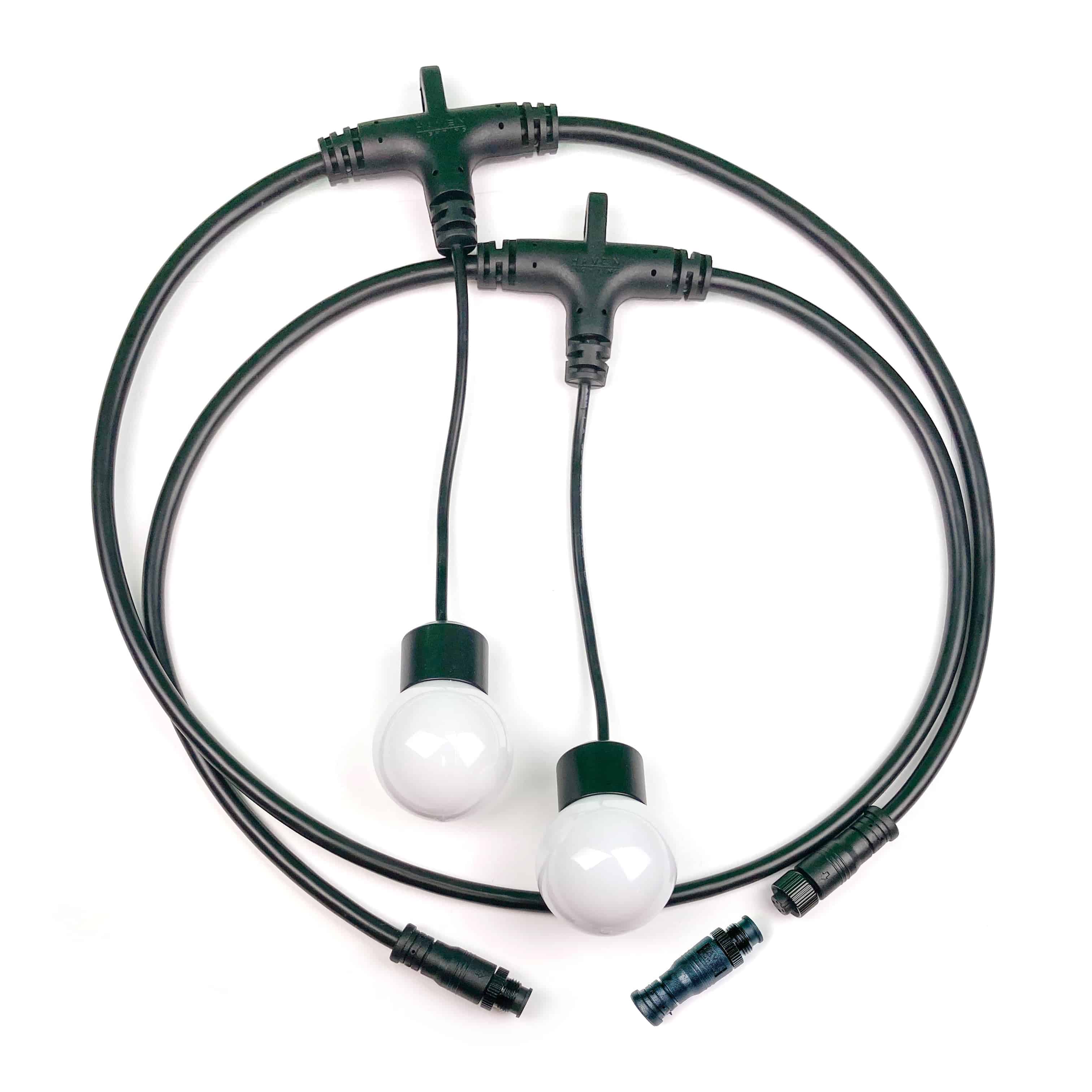 Outdoor string lighting with waterproof connectors.
