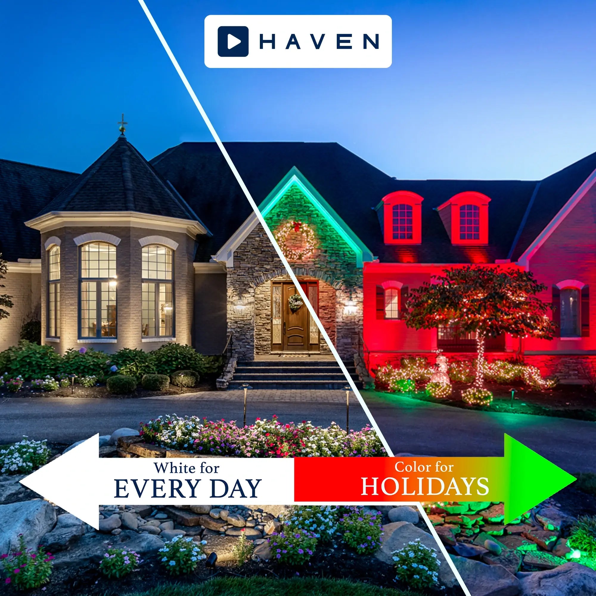 Home with Half white lights showing everyday lighting and half Red and green lights showing christmas lighting