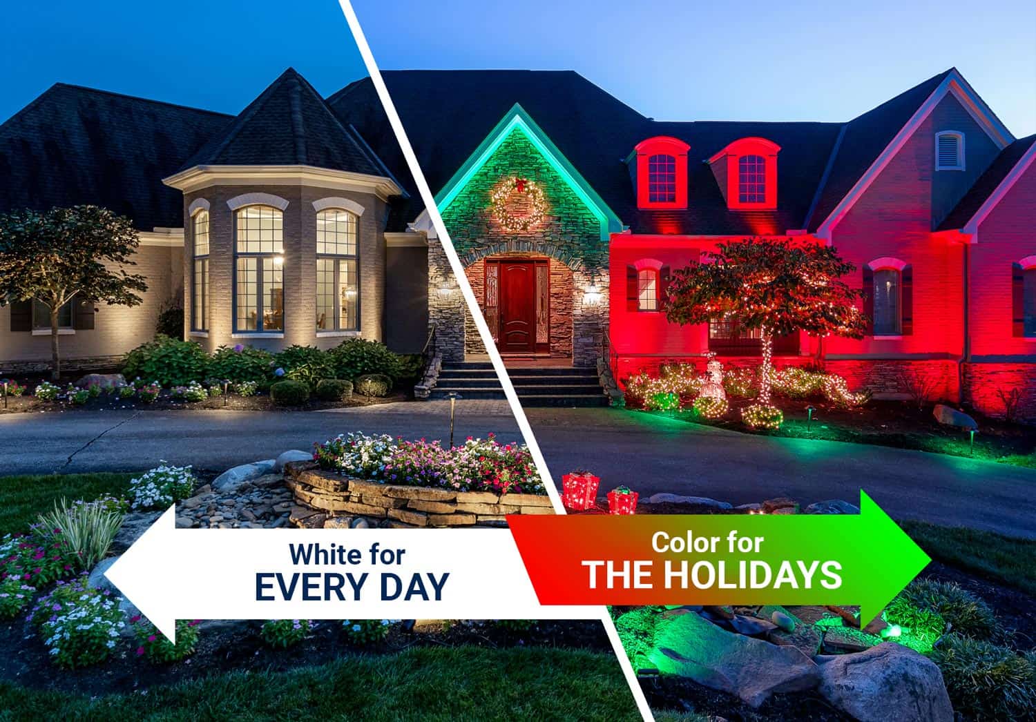 Split-view of a home with warm white lighting for everyday use and festive red and green lighting for the holidays.