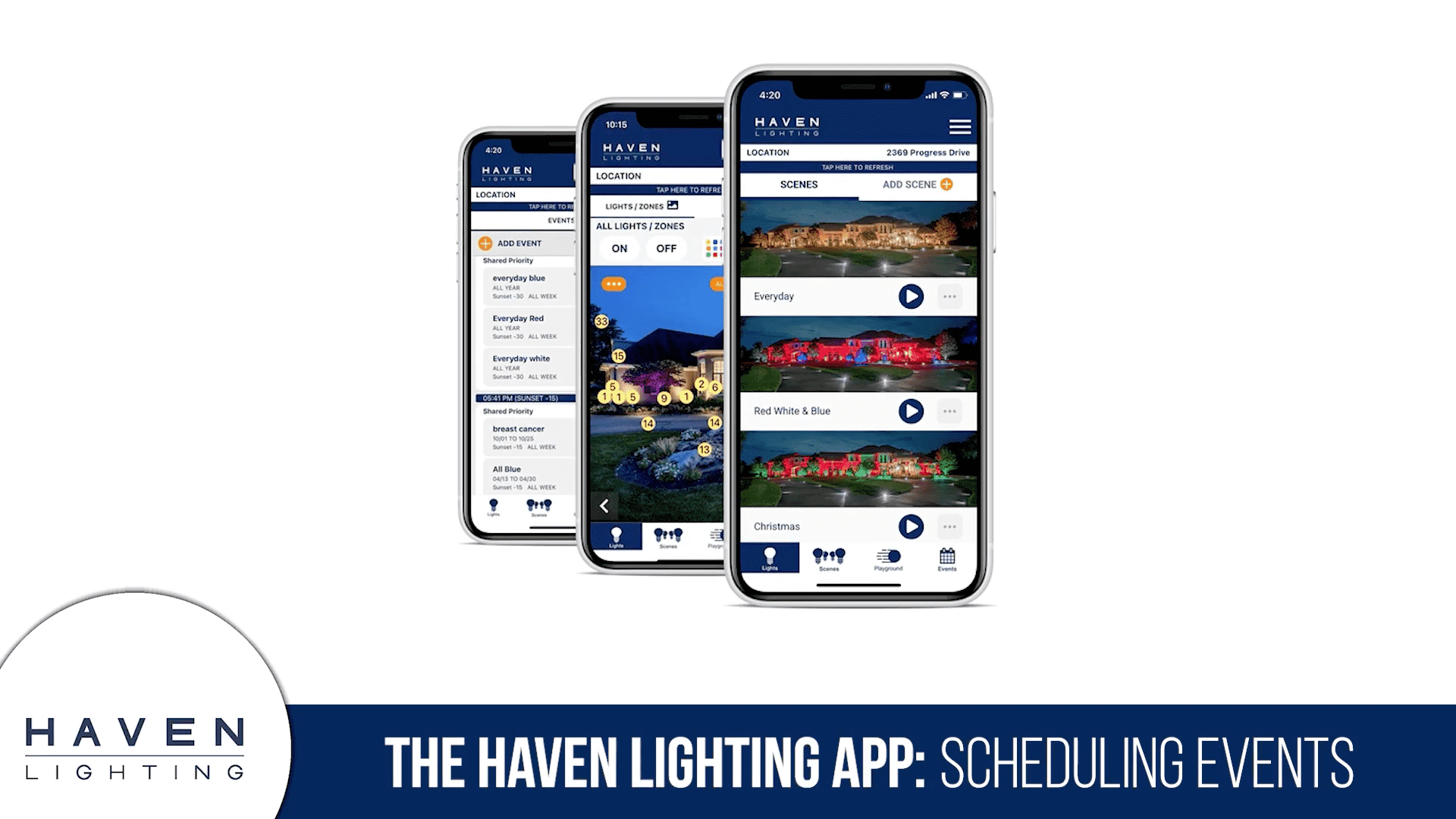 Haven Lighting app interface displaying scheduling and scene selection features.