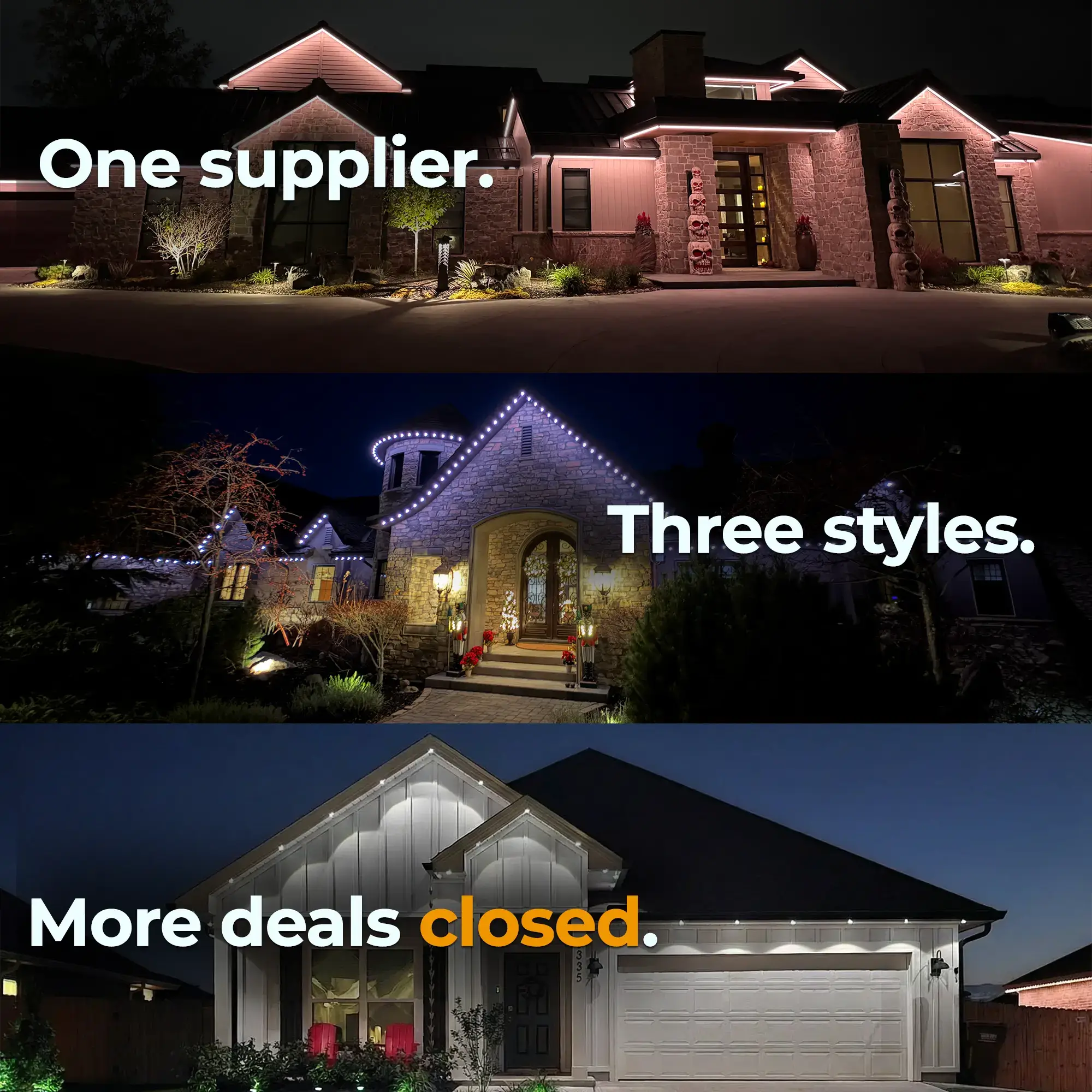Image of 3 different houses lit up with 3 different styles of Haven Lighting Roofline lighting