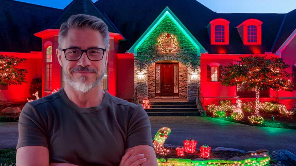 House lit red and green for christmas with Haven Lighting
