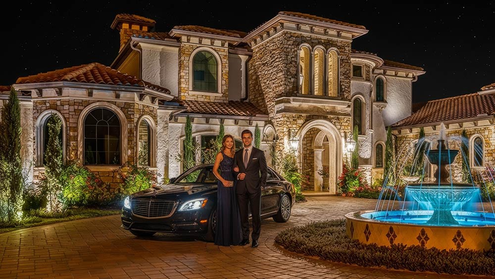 A couple in front of a house lit with low voltage landscape lighting from Haven Lighting
