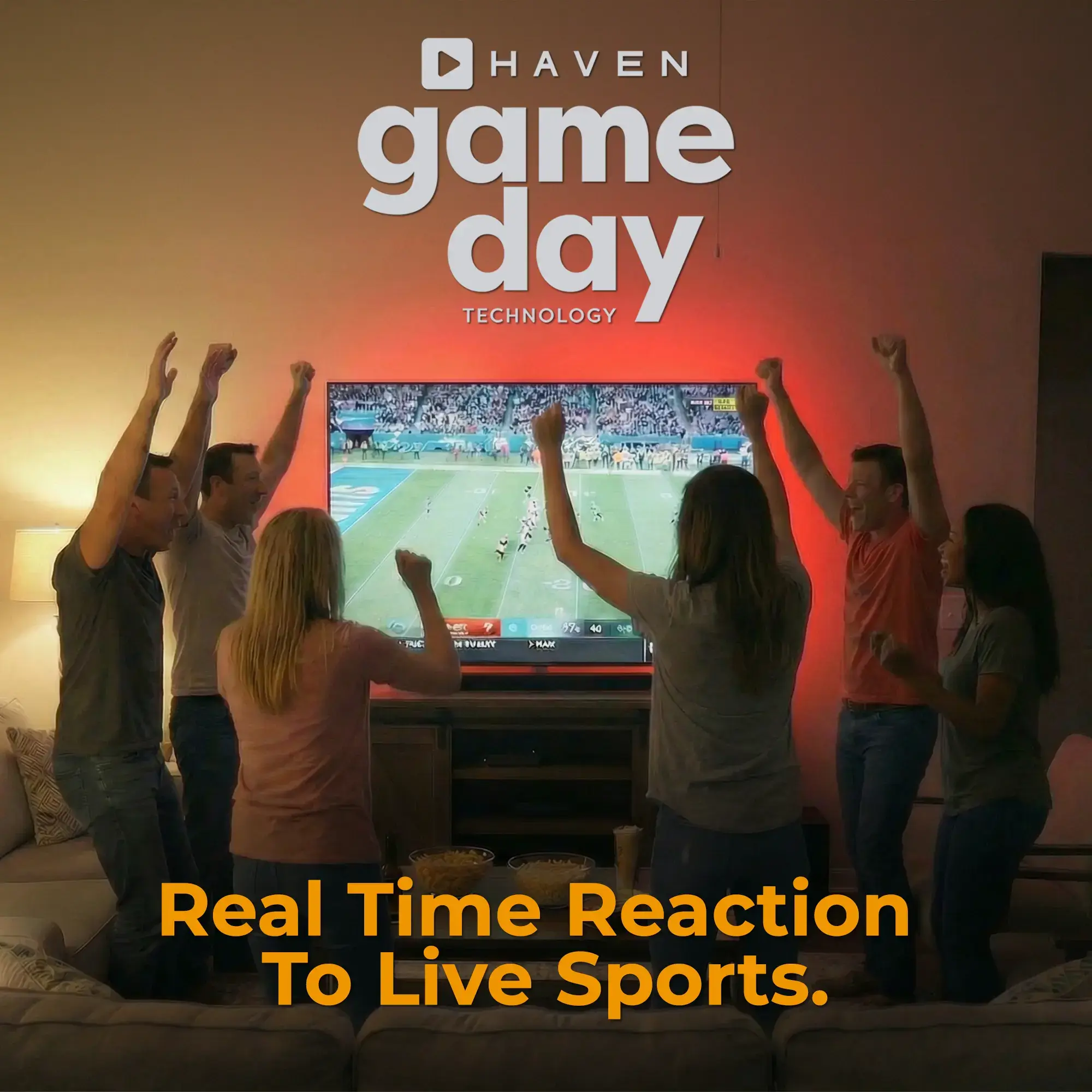 People in a living room celebrating a sports game with Haven Lighting