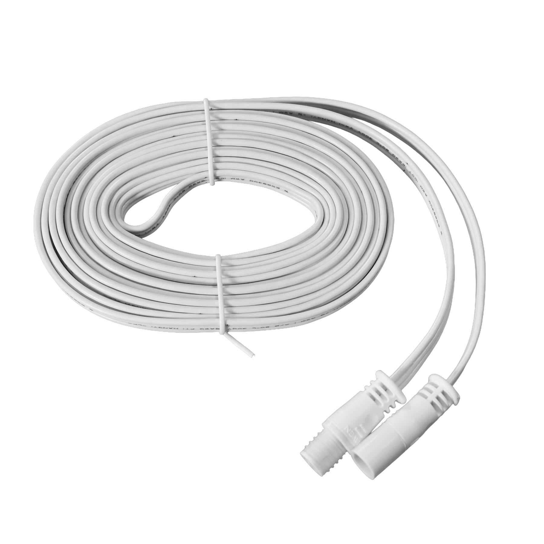 Coiled white cable with connectors on a white background