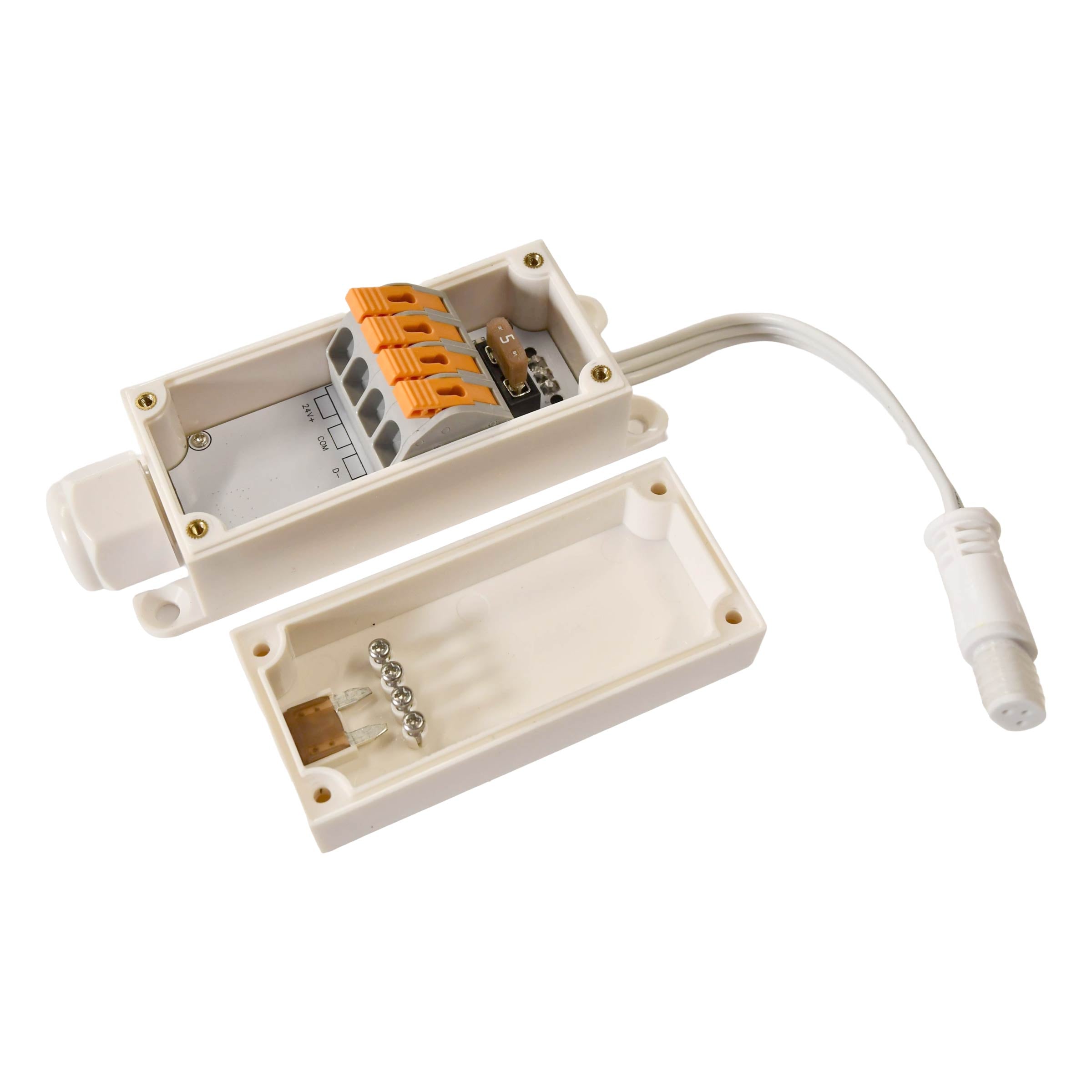 Electrical junction box with wiring on a white background