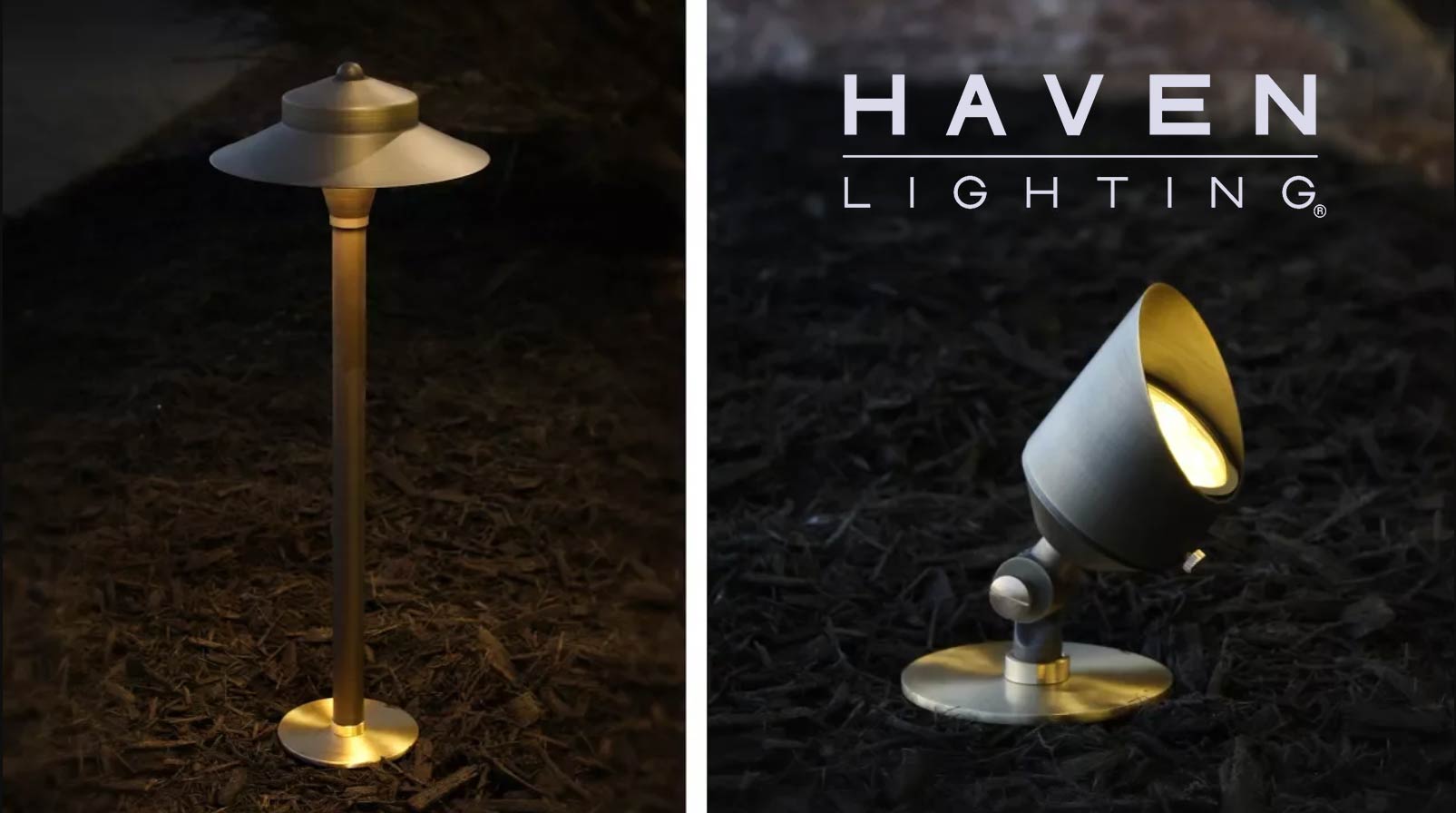 Outdoor lamp with 'Haven Lighting' branding on a dark background